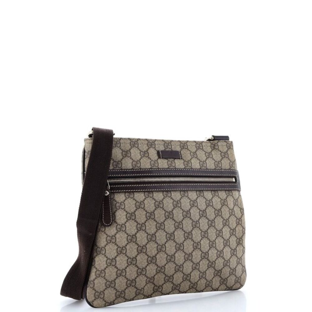 Gucci Front Zip Flat Messenger Bag GG Coated Canvas Medium Brown - Picture 2 of 9